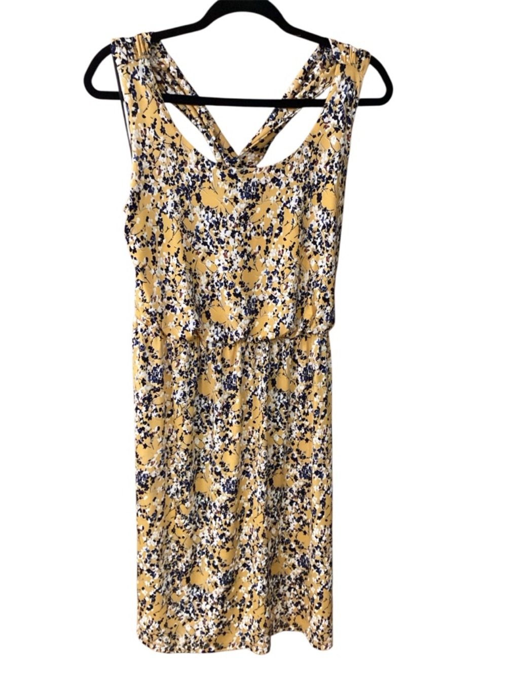 Kaileigh by Stitch Fix Yellow/Navy Floral Dress with Cross-Back Straps